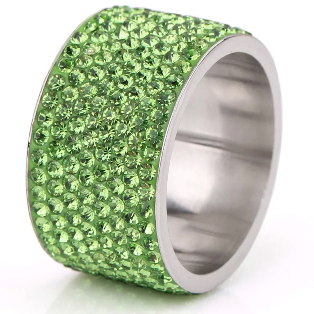 Stainless Steel CZ Crystals Green Ring NEW